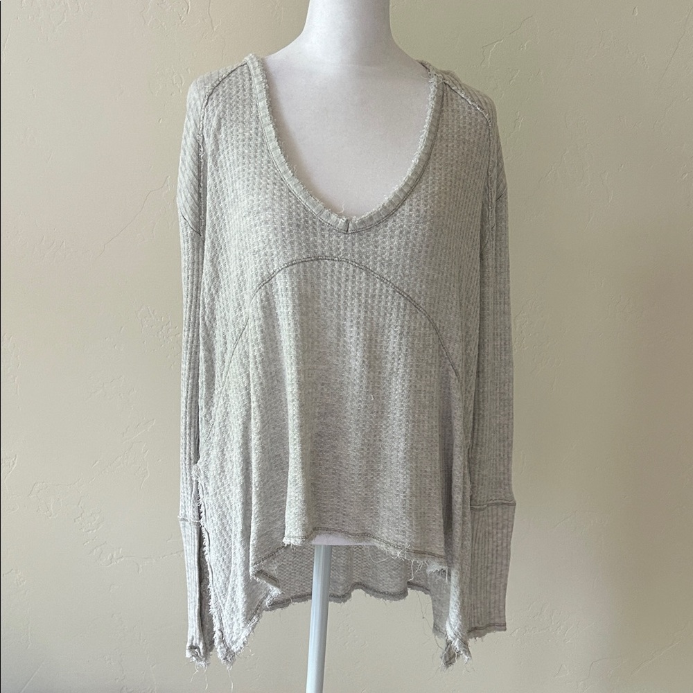 Free People Cream and Grey  Waffle Knit V-Neck Sweater